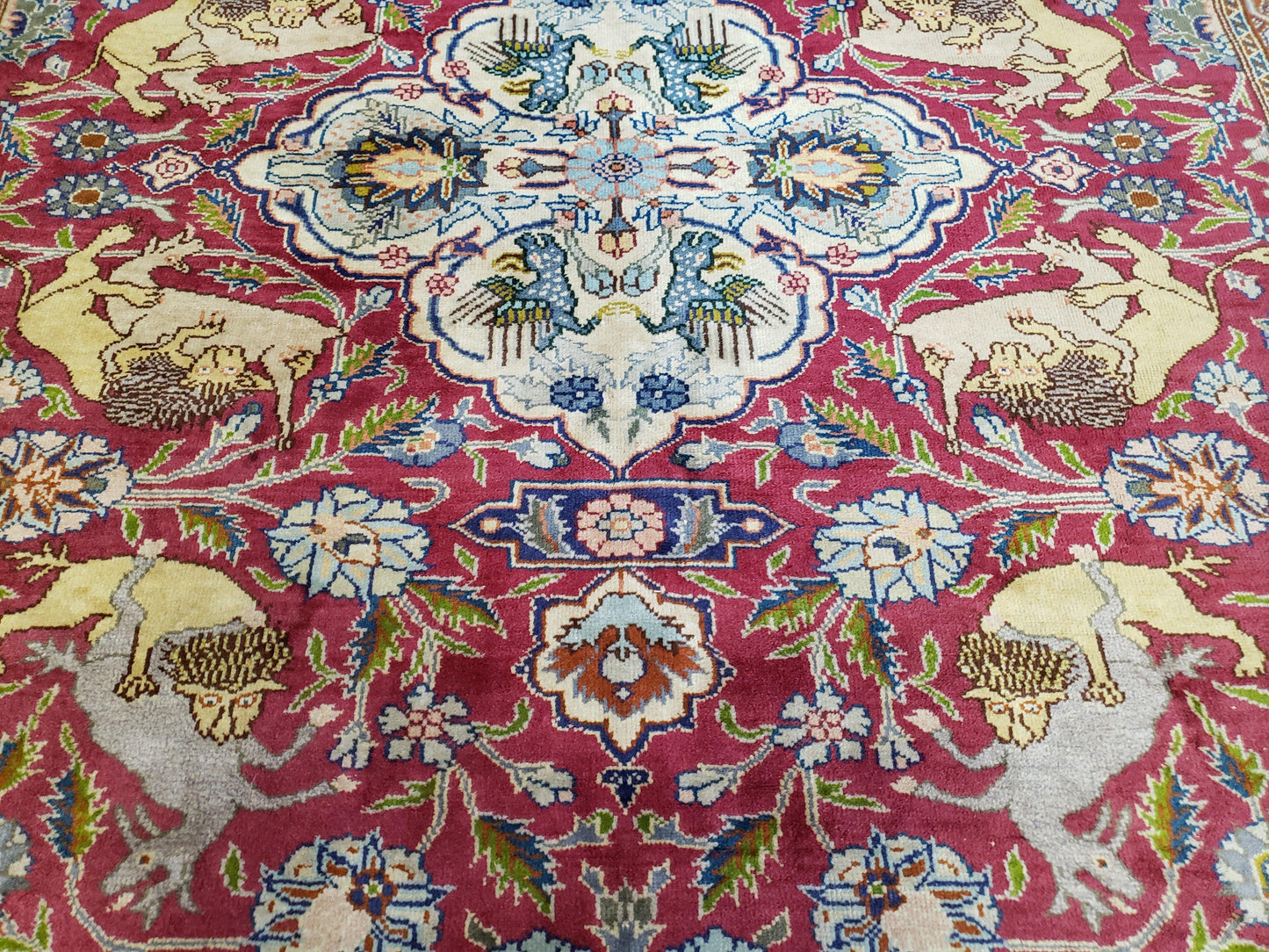 Antique Turkish Sivas Area Rug 8x11, Hand-Knotted, Vintage Red Wool Carpet, Gazelles Lions, Boteh Border, 8' x 11' Top Quality Oriental Rug
