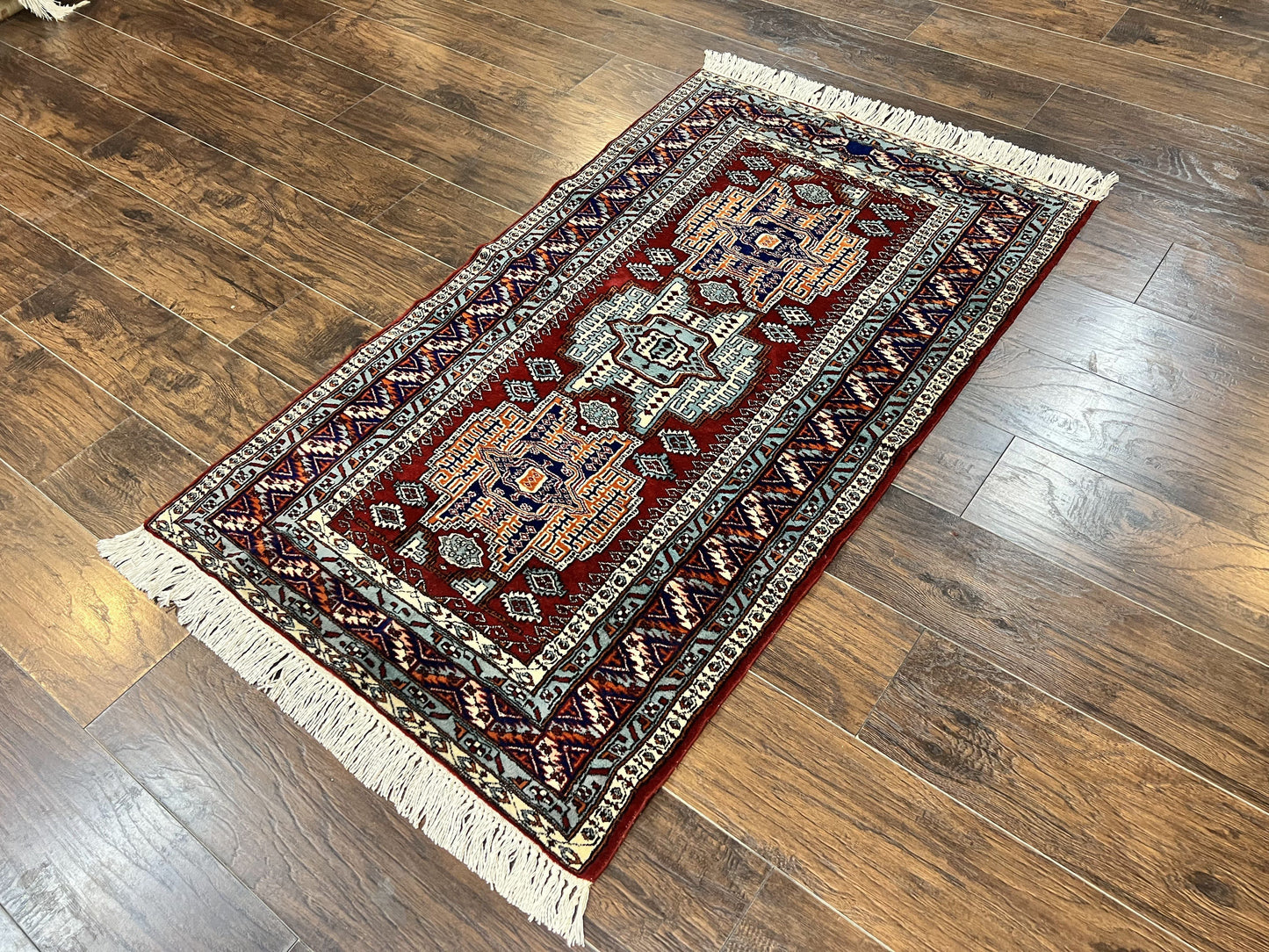 Pakistani Rug 3x5 ft, Caucasian Kazak Design, Geometric Rug, Small Vintage Oriental Carpet, Dark Red Vintage Handmade Wool Rug 3 x 5
