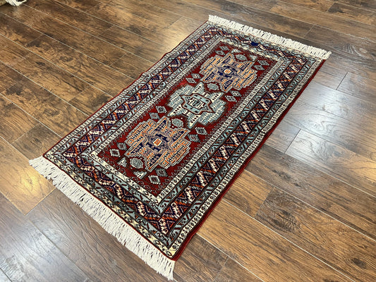 Pakistani Rug 3x5 ft, Caucasian Kazak Design, Geometric Rug, Small Vintage Oriental Carpet, Dark Red Vintage Handmade Wool Rug 3 x 5