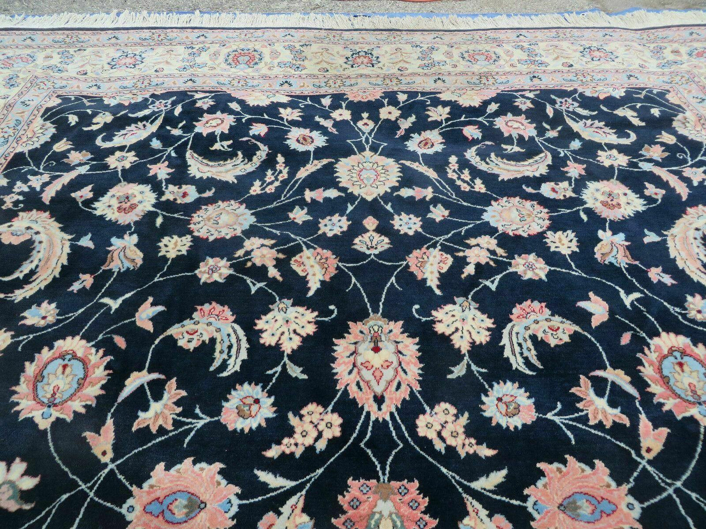Large Indo Persian Rug 10x14, Wool Hand-Knotted Carpet, Navy Blue Ivory