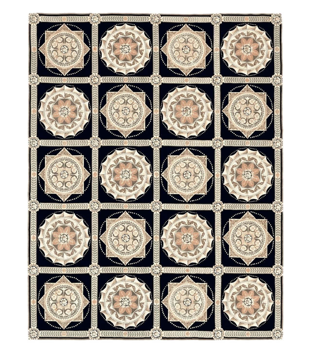 Needlepoint Rug 8x10, Black Tan Beige, Panel Design, Wool Handwoven Handmade Flatweave Needlepoint Carpet, Vintage French European Rug