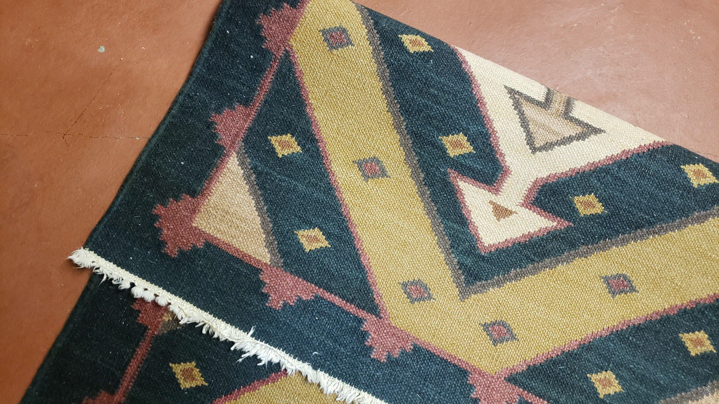 Vintage Indian Kilim Runner Rug, Geometric Flatweave Hand-Knotted Wool Kitchen Hallway Runner, Black Gold & Beige, 2' 8" x 9' 9"
