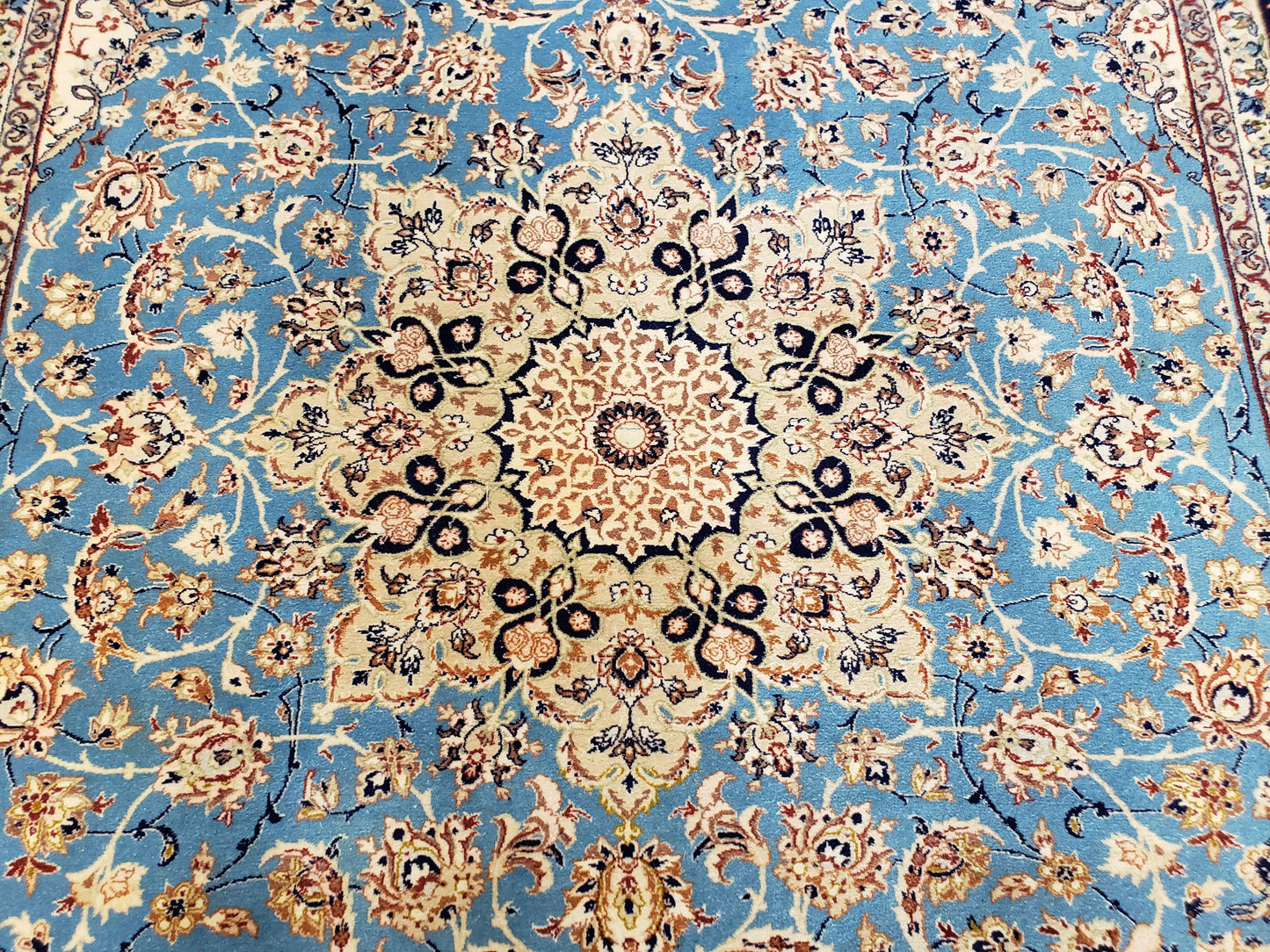 Persian Isfahan Rug, Kork Wool on Silk Foundation, Sky Blue, Hand-Knotted, 5' 1" x 7' 8"