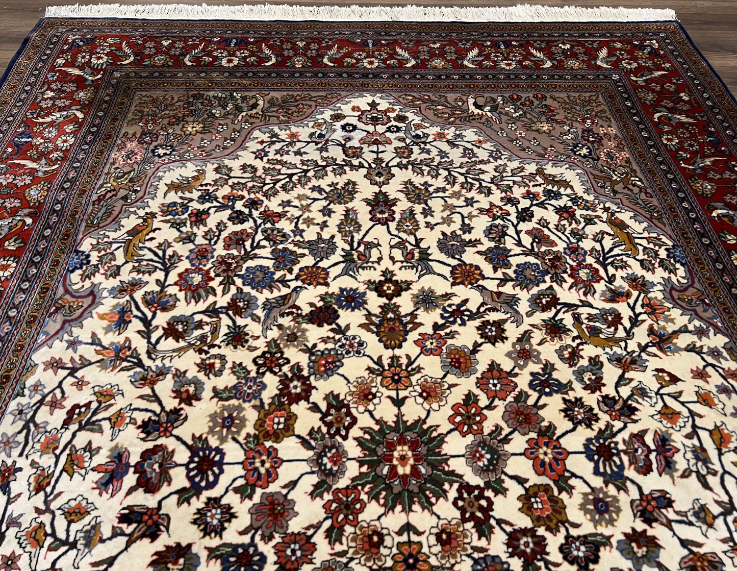 Beautiful Sino Persian Rug 7x10, Circle of Life Tree of Life Rug, Birds, Cream Red Navy Blue Taupe, Wool Silk Accents, Hand Knotted Vintage