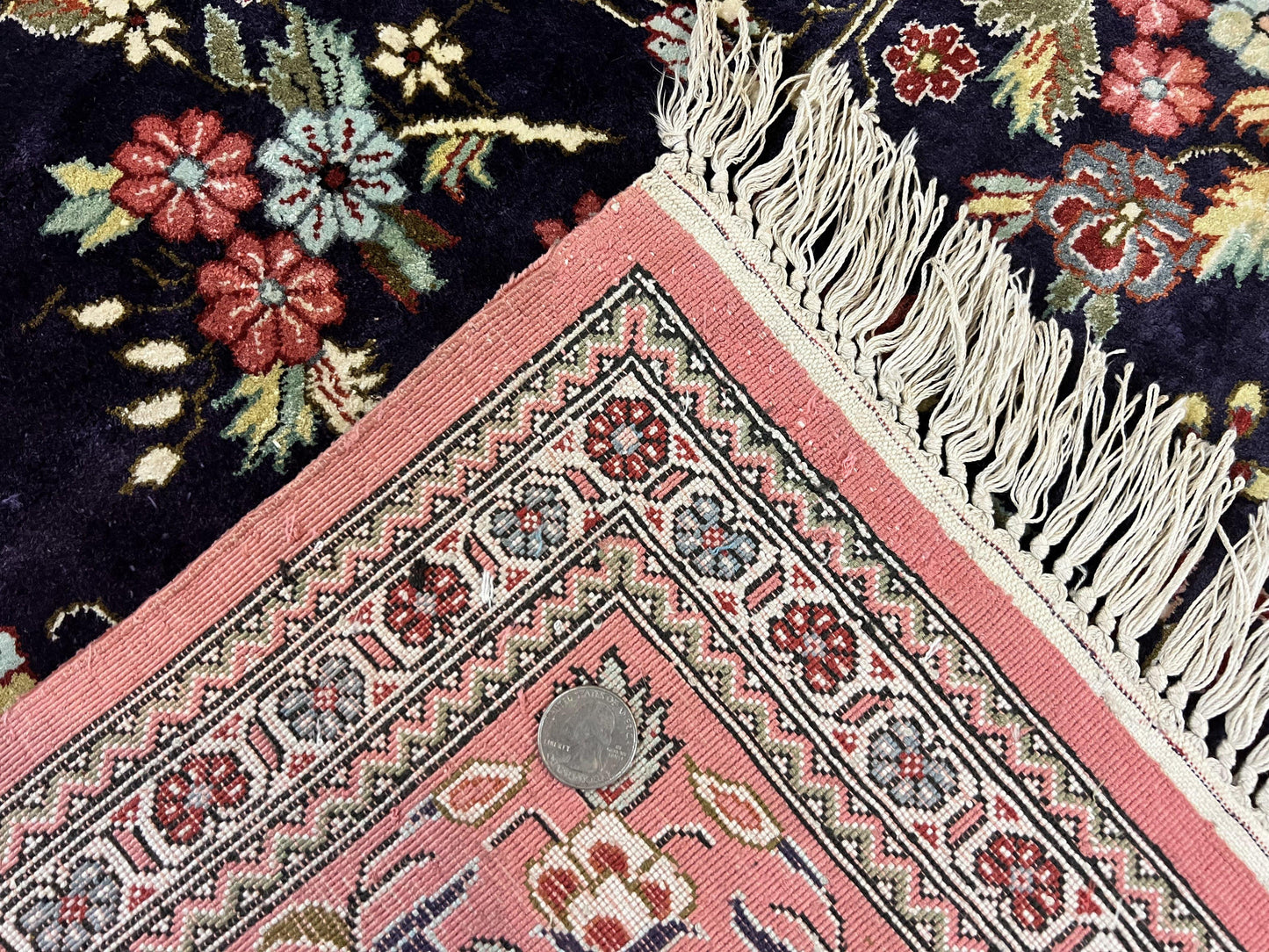 Stunning Silk Persian Qum Rug 7x9, Finely Hand Knotted Navy Blue & Salmon Floral Medallion Authentic Oriental Carpet, Vintage Handmade Silk Ghom Rug, Silk on Silk