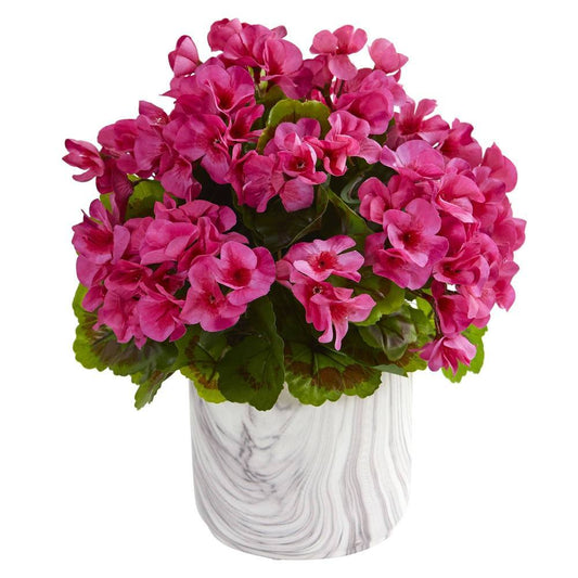 Geranium Artificial Plant in Marble Finished Vase UV Resistant (Indoor/Outdoor)