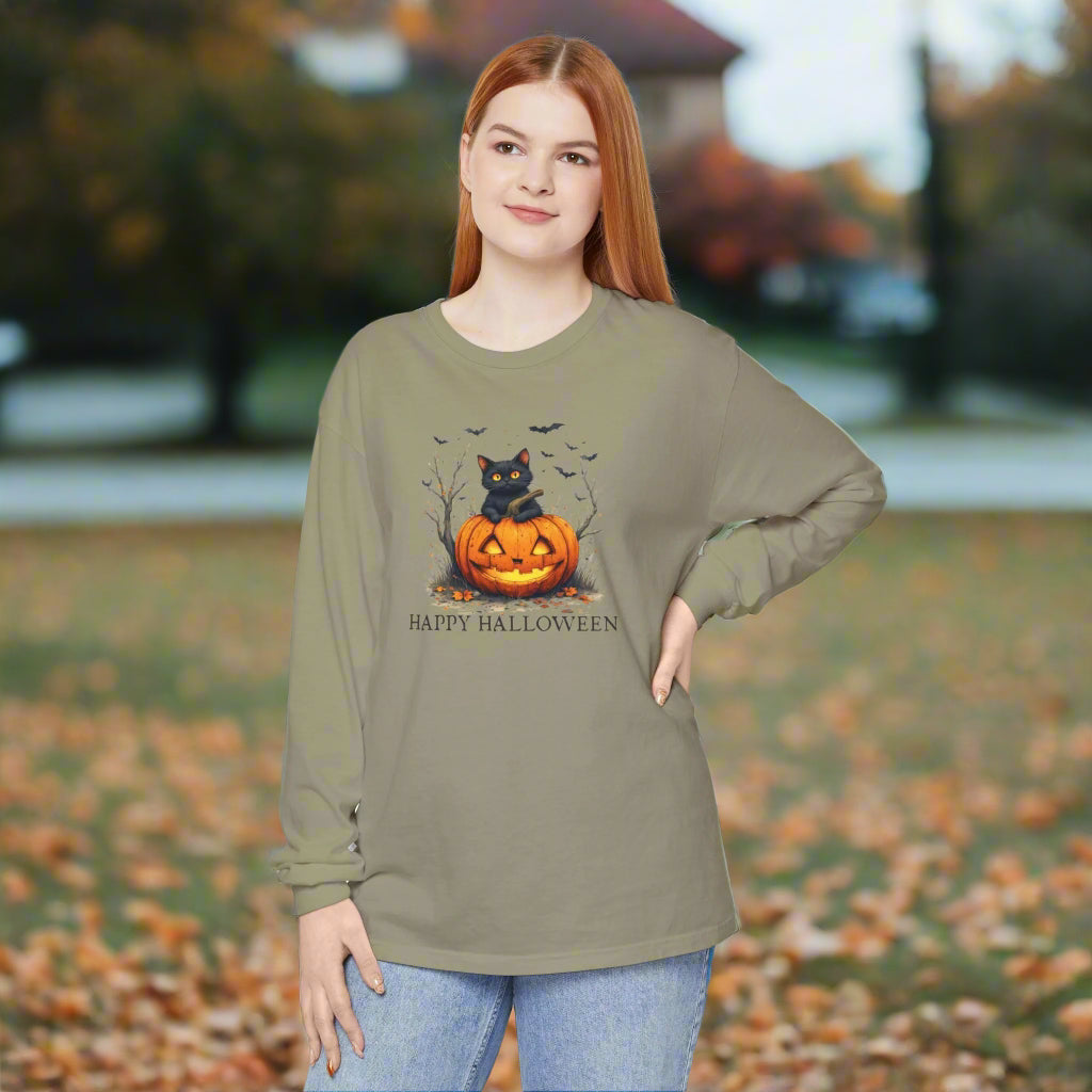 Happy Halloween Cat Long Sleeve Tee for Festive Cat Lovers