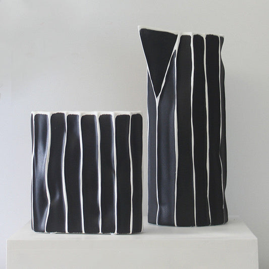 Hand Painted Black And White Striped Ceramic Vase Living Room Desktop Bookcase