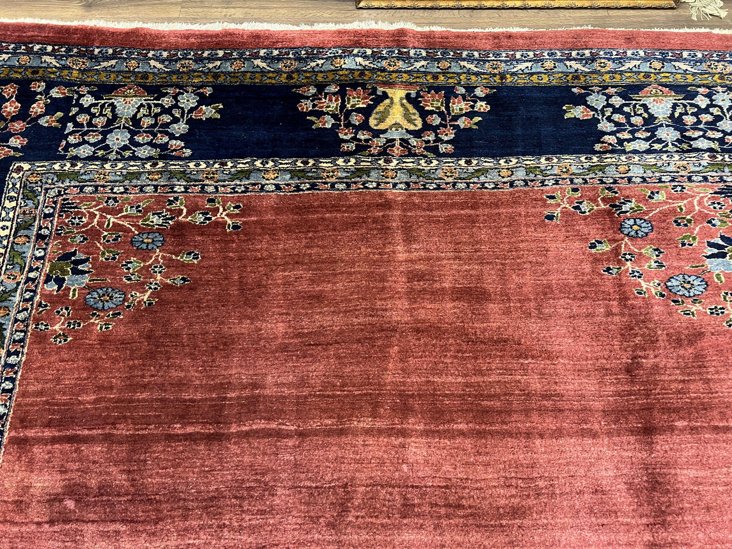 Large Persian Sarouk Rug 10x17, Open Field, Red and Navy Blue, Palace Sized Oversized Hand Knotted Wool Oriental Carpet Flowers Vases Antique 1920s