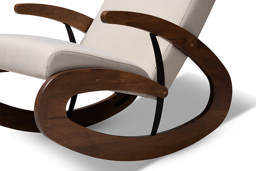 Baxton Studio Kaira Modern and Contemporary 2-Piece Light Beige Fabric Upholstered and Walnut-Finished Wood Rocking Chair and Ottoman Set