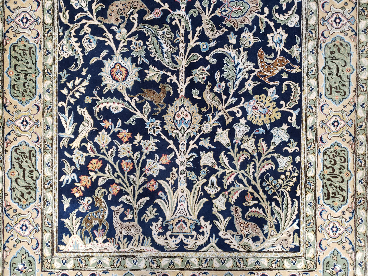Semi Antique Persian Qum Tree of Life Rug, Hand-Knotted, Wool, Midnight Blue and Tan, Animal Pictorials, Written Poem in Borders, 4' 8" x 7' 8"