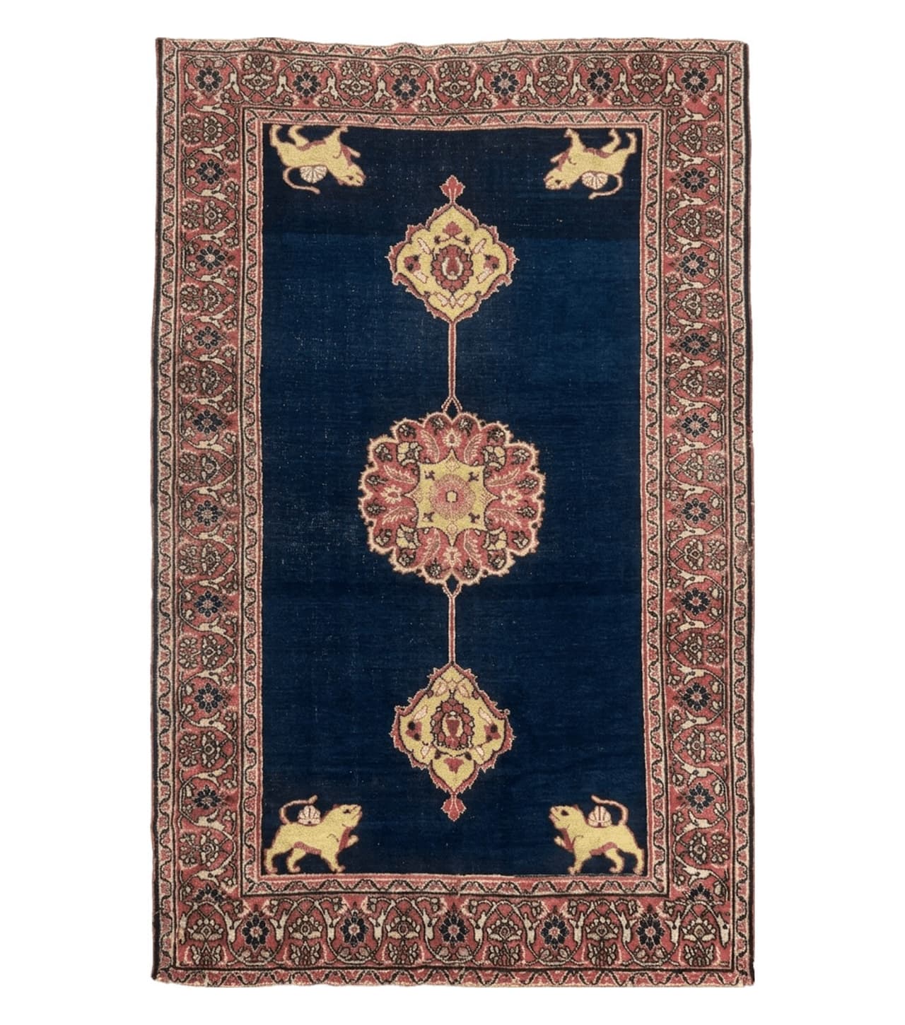 Antique Persian Mashad Rug 4x6, Semi Open Field, Navy Blue, Lion Pictorials, Triple Medallion, Dorokhsh Rug