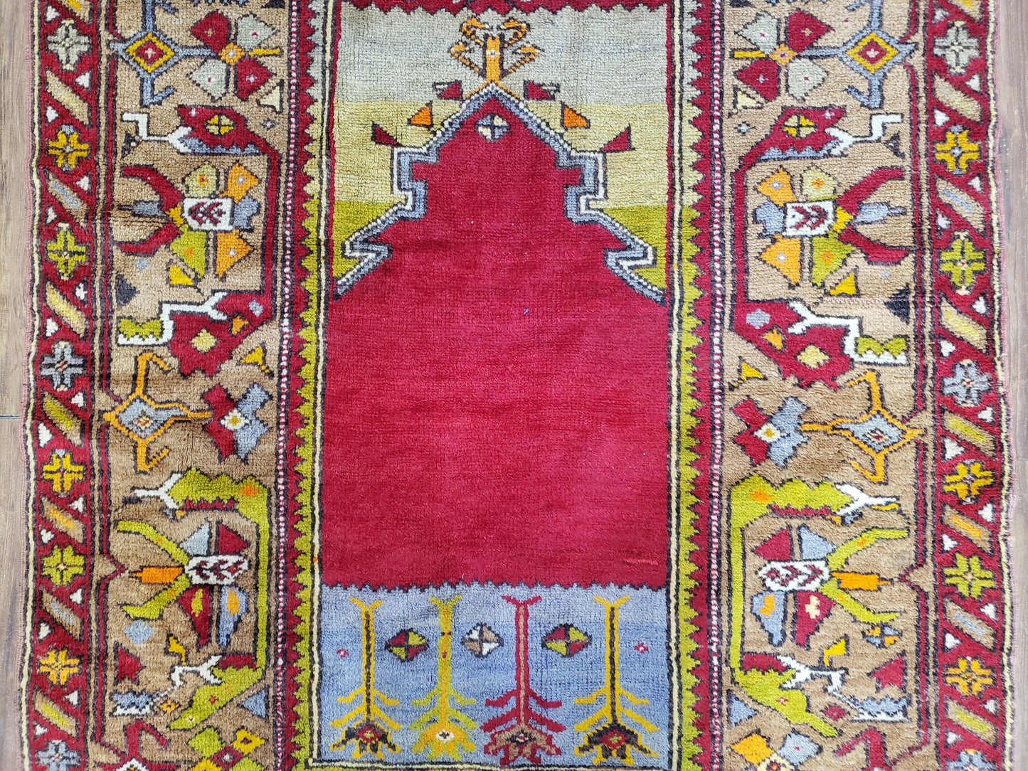 Antique Turkish Prayer Rug 3.8 x 5ft, Colorful Prayer Rug, Red Blue Gold Multicolor Turkish Anatolian Carpet, Handmade Hand-Knotted, Wool