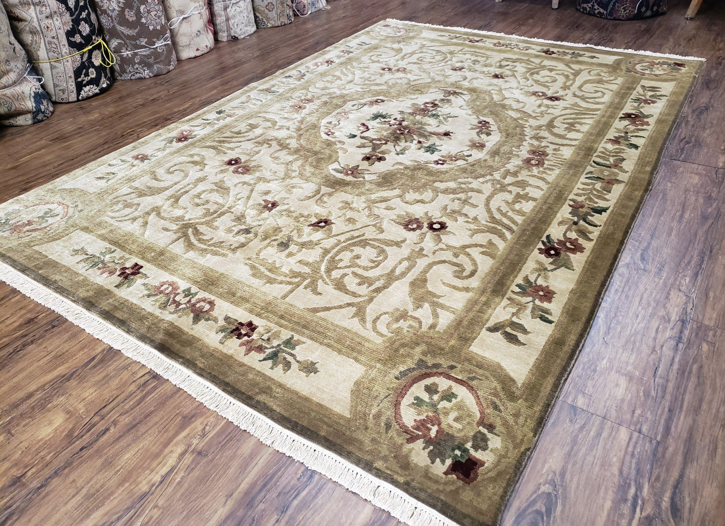 Vintage Nepali Tibetan Aubusson Rug 6x9, Wool Hand-Knotted Cream Beige Carpet, Leaves & Floral Pattern 6 x 9 Soft Area Rug Home Office Rug