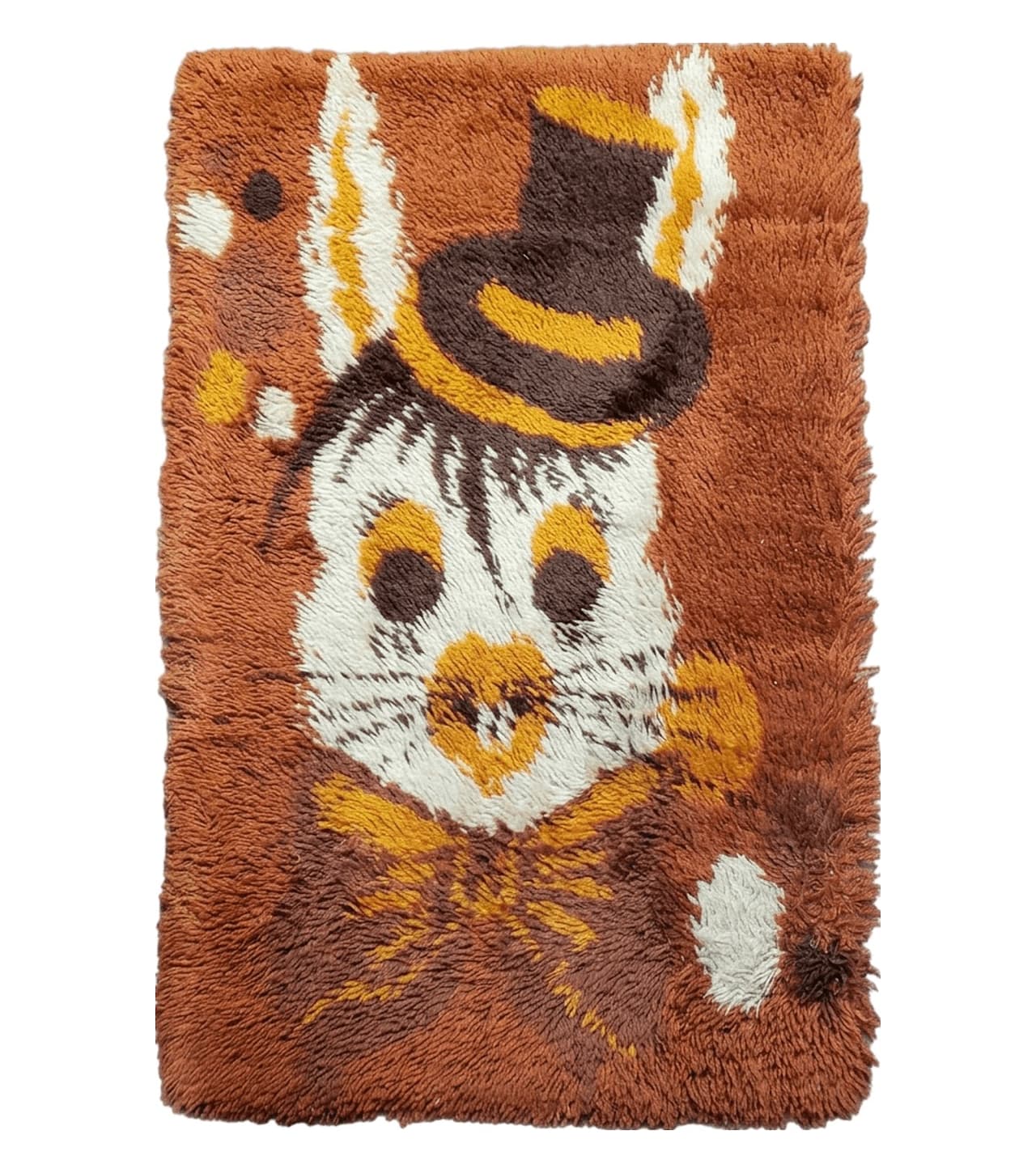 2x3 Rya Shag Rug Mid-Century Modern Danish Shag Rug 1960s Accent Rug Bunny Rabbit in Hat Dark Orange Small Shag Rug
