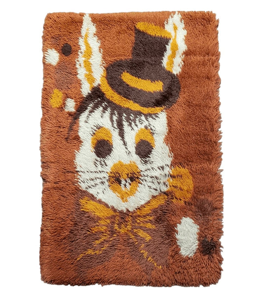 2x3 Rya Shag Rug Mid-Century Modern Danish Shag Rug 1960s Accent Rug Bunny Rabbit in Hat Dark Orange Small Shag Rug
