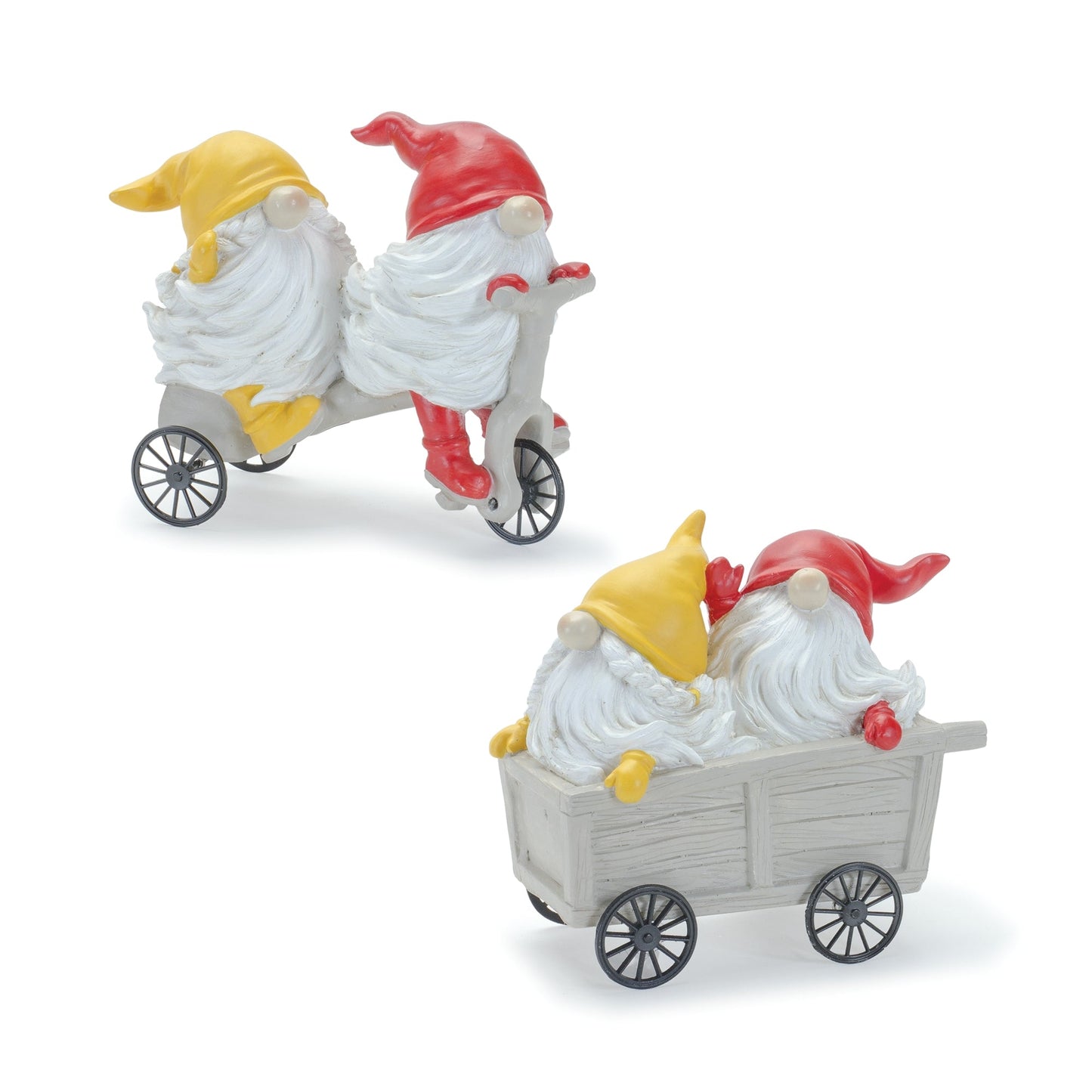 Whimsical Garden Gnome Figurine Riding a Scooter and Wheelbarrow (Set of 2)