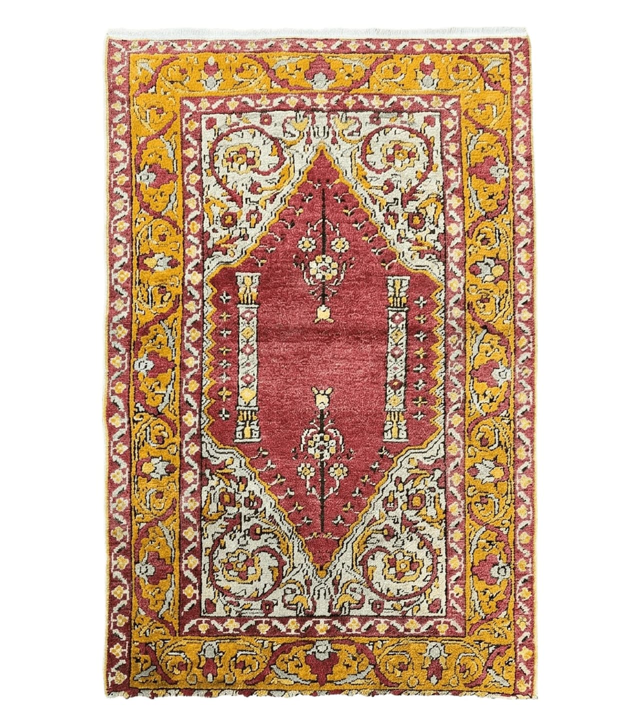 Antique Turkish Prayer Rug 3x5, Hand Knotted Turkish Melas Oushak Wool Carpet, Mehrab Rug, Orange & Red Vintage Rug 3 x 5 Collectible