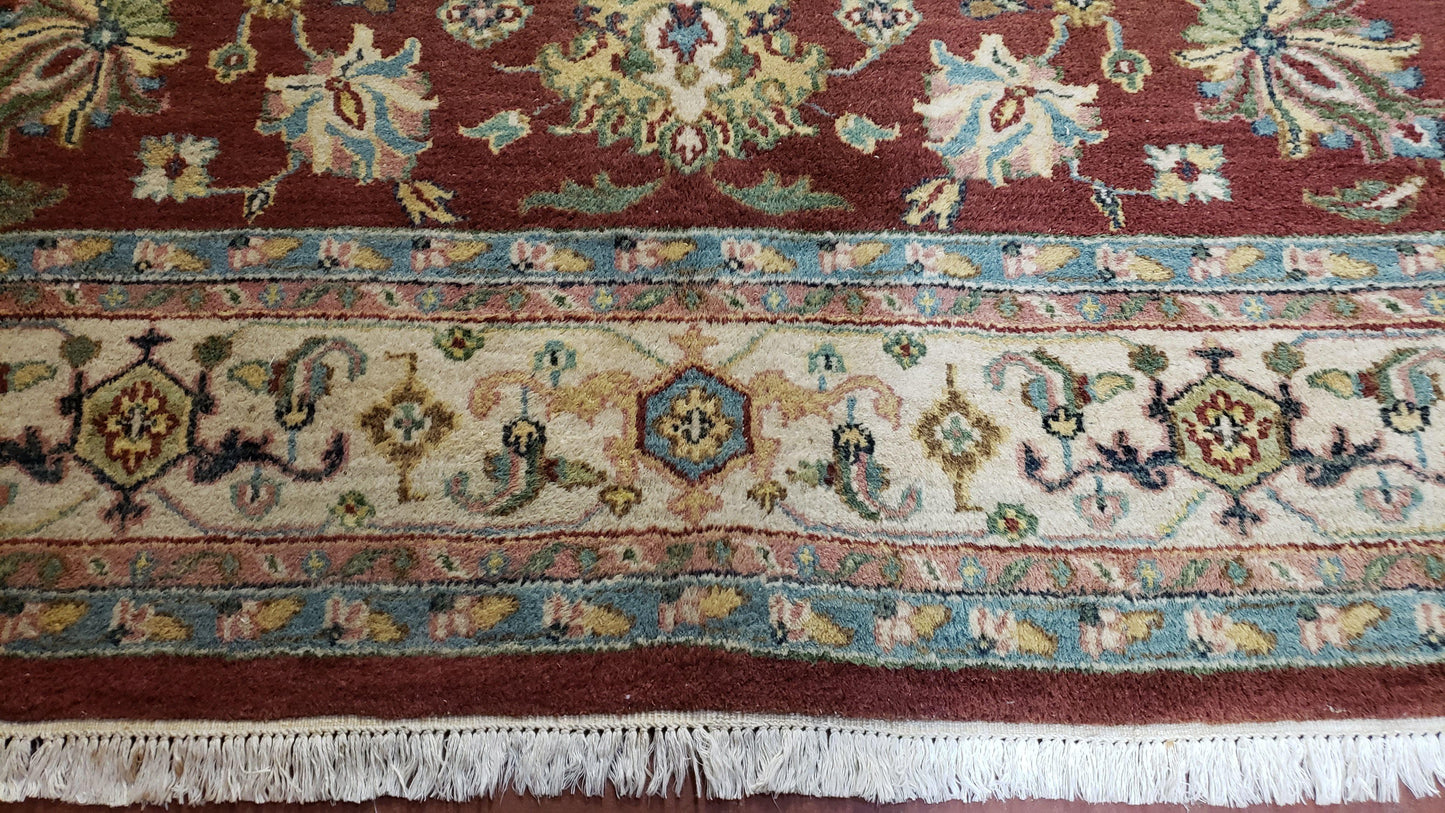 8x12 Indo-Mahal Rug, Floral Allover, Red & Beige, Wool Vintage Handmade Traditional Carpet