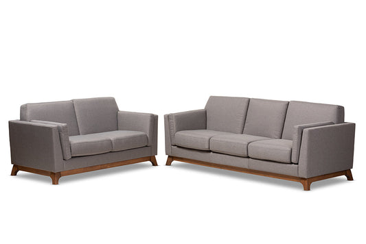 Baxton Studio Sava Mid-Century Modern Grey Fabric Upholstered Walnut Wood 2-Piece Living Room Set