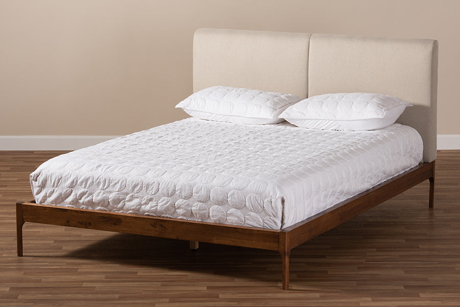 Baxton Studio Aveneil Mid-Century Modern Beige Fabric Upholstered Walnut Finished King Size Platform Bed