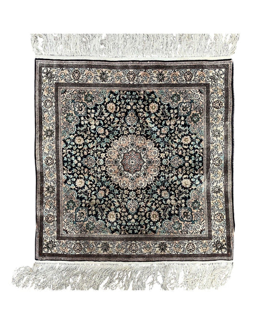 Sino Persian Silk Rug 2x2 ft, Very Fine High KPSI Small Silk Oriental Carpet, Hand-Knotted, Medallion, Vintage Silk Rug, Black Ivory/Cream