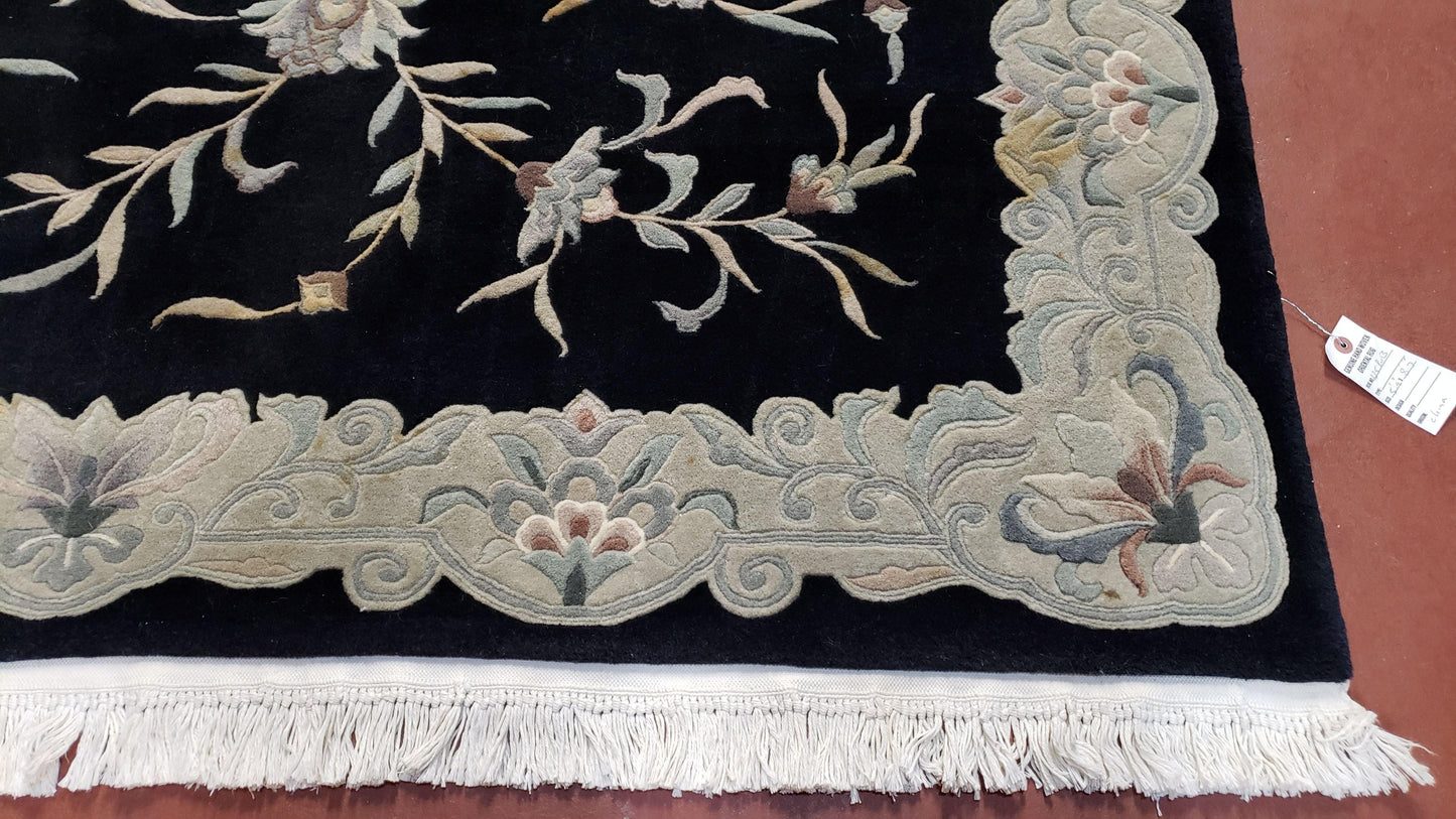 6x9 Vintage Black Gray Chinese Rug 120 Lines Wool Carpet Floral Design Hand-Knotted Soft Pile Entryway Rug Foyer Rug Nice