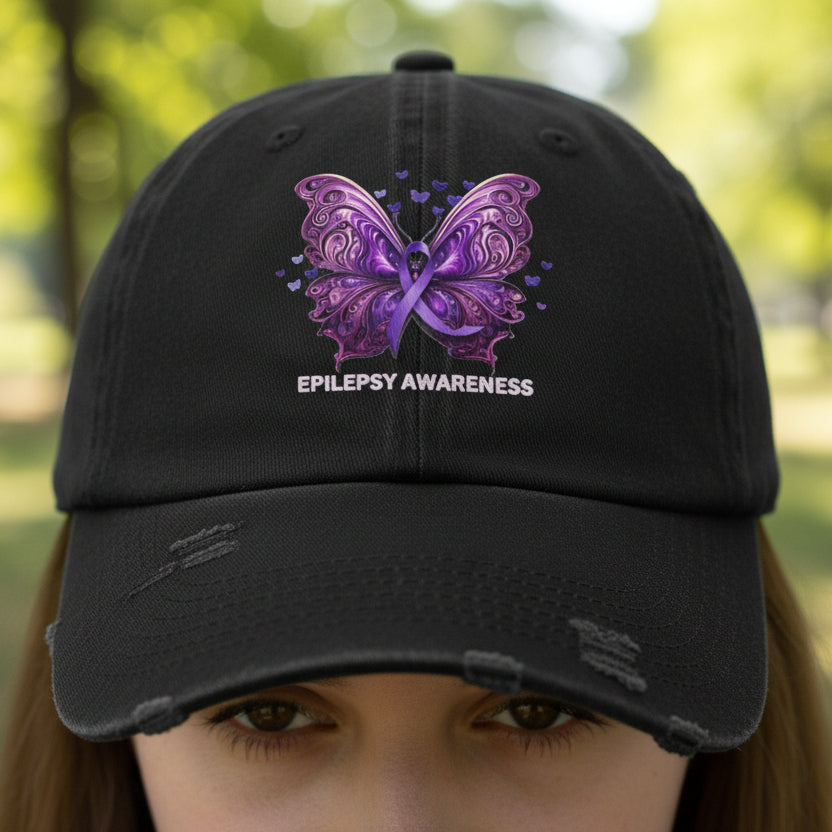 Epilepsy Awareness Butterfly Distressed Hat – Purple Ribbon Awareness Cap