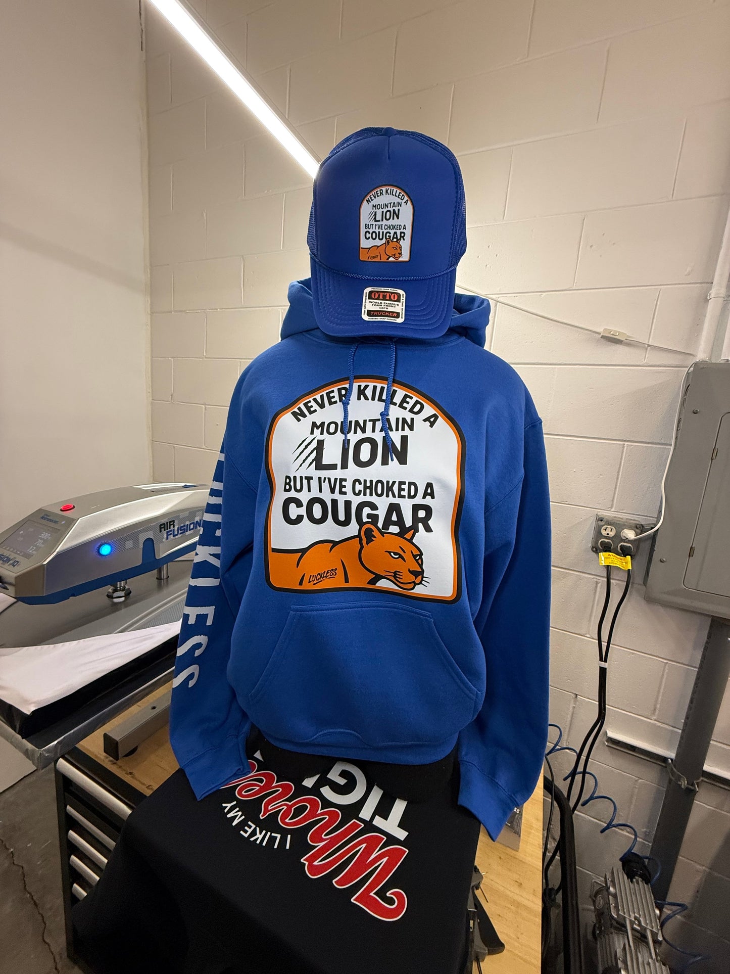 I've Never Killed A Mountain Lion But I've Choked a Cougar Hoodie - Funny Men's Royal Blue Graphic Pullover by Luckless Outfitters