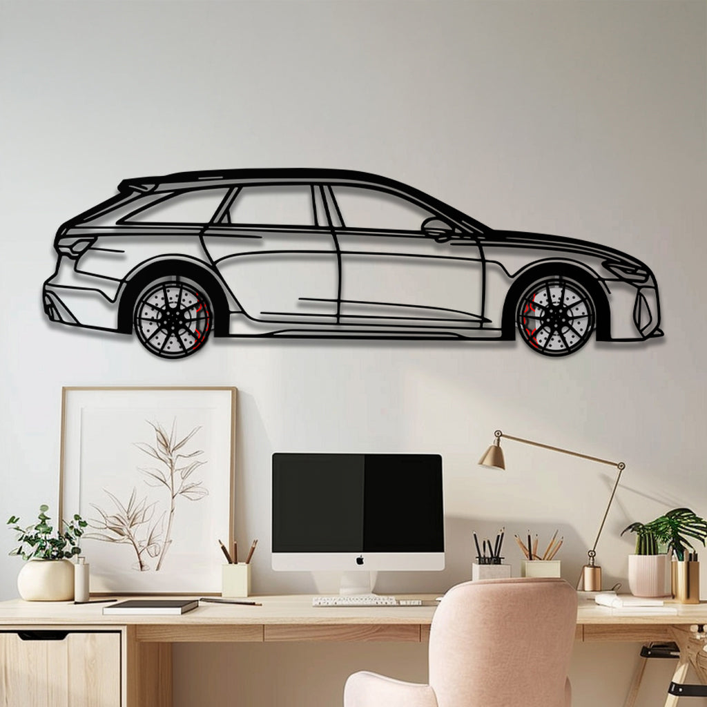 Audi RS6 Avant Metal Car Wall Art with Rotating Wheels - Super Wagon Silhouette Decor - Interactive Automotive Wall Art - KAFMEKA098