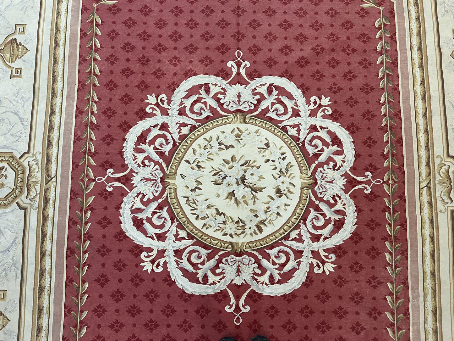 Aubusson Rug 9x12 ft, Red and Ivory Elegant Aubusson Carpet, Flatweave, Vintage Wool Handmade Area Rug 9 x 12, French European Design