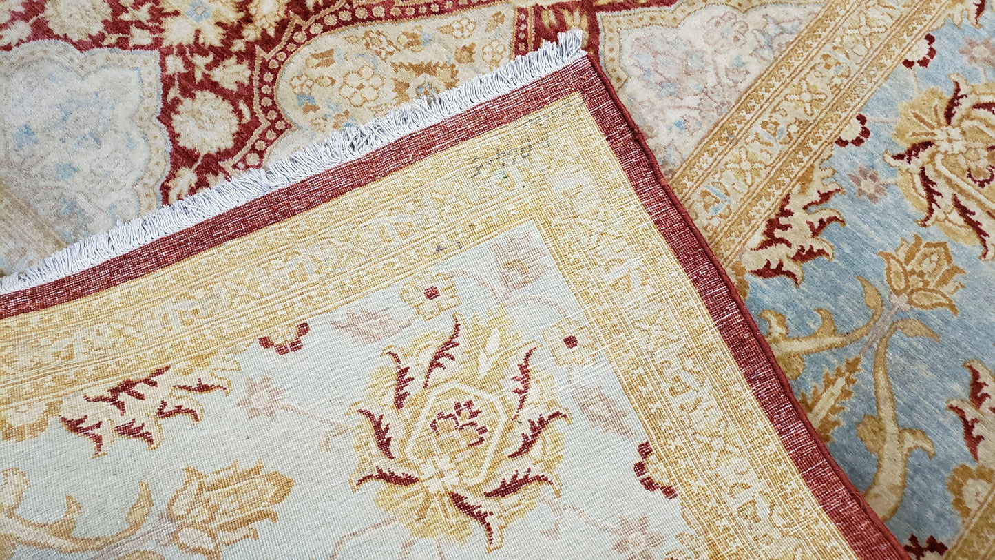 9x12 Peshawar Rug Pakistani Oriental Carpet Sky Blue and Red Wool Vintage Master Bedroom Rug Hand-Knotted Living Room Rug Dining Room Rug