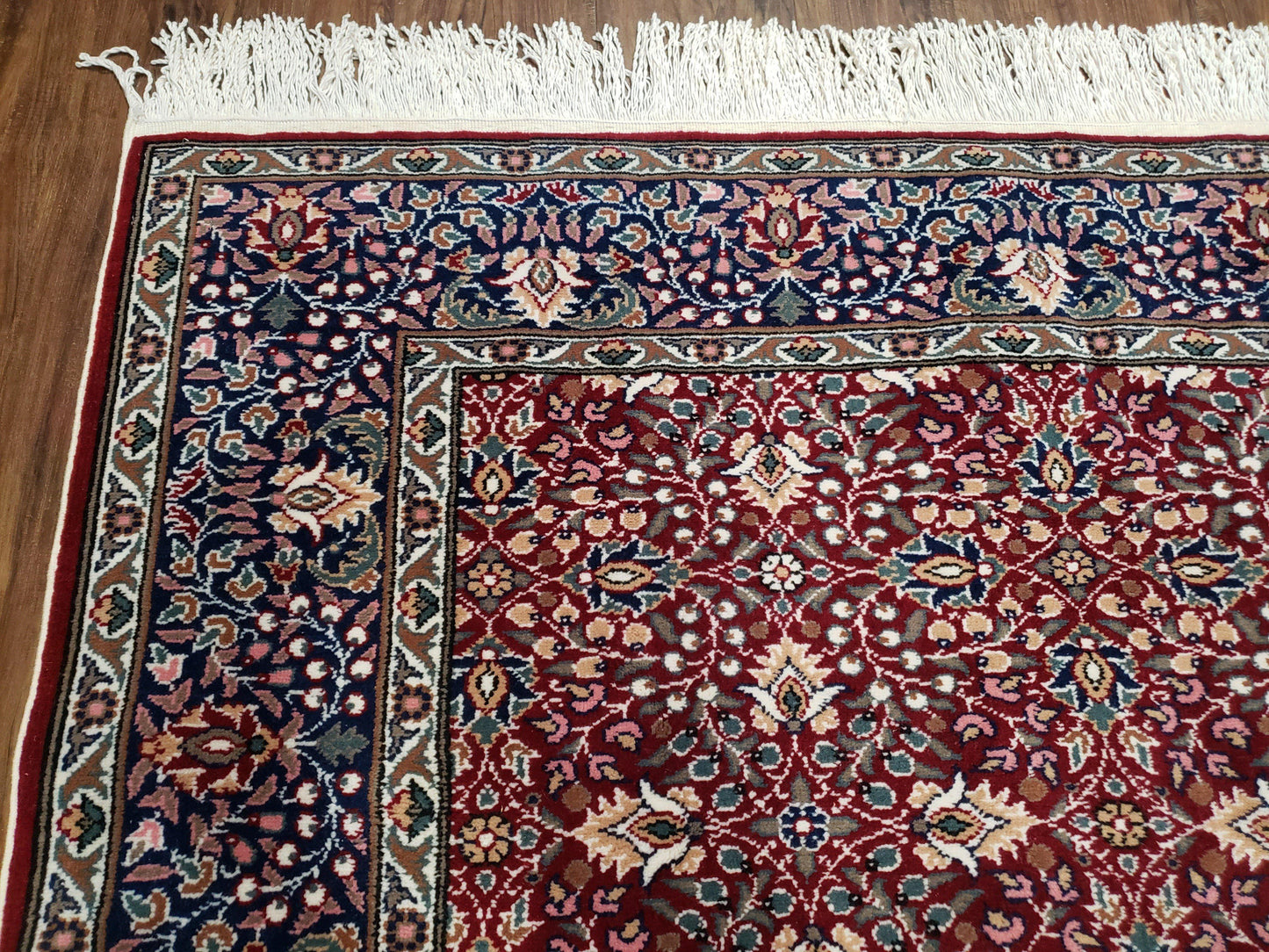 Vintage Turkish Sivas Area Rug 6.5 x 9.5, Wool Hand-Knotted Red & Midnight Blue Allover Floral Pattern Oriental Carpet, 6x9 Traditional Rug