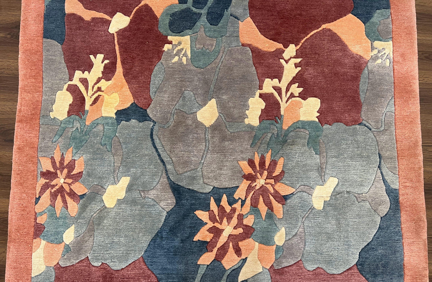 Modern Tibetan Rug 5.7 x 7.9, Abstract Multicolor Flower Pattern, Navy Blue Maroon Salmon, Soft Wool, Hand Knotted Contemporary Carpet 6x8