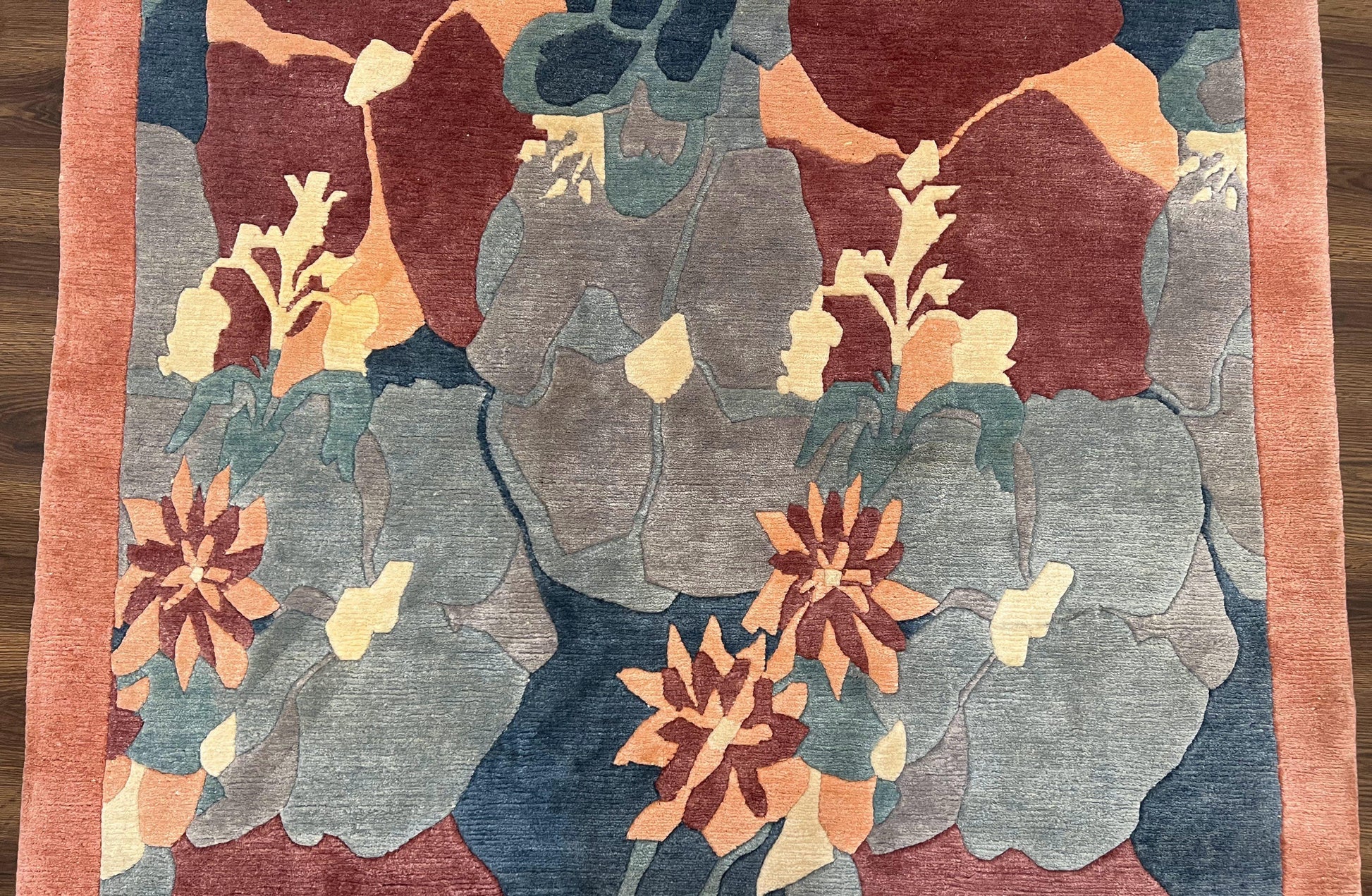 Modern Tibetan Rug 5.7 x 7.9, Abstract Multicolor Flower Pattern, Navy Blue Maroon Salmon, Soft Wool, Hand Knotted Contemporary Carpet 6x8