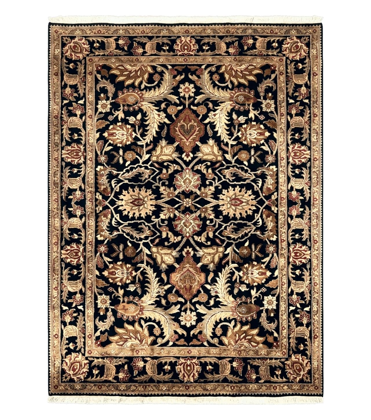 Indo Mahal Sultanabad Rug 8x11, Vintage Indian Oriental Carpet, Wool Handmade Floral Rug 8 x 11 ft, Black Beige Tan, Large Flowers Allover