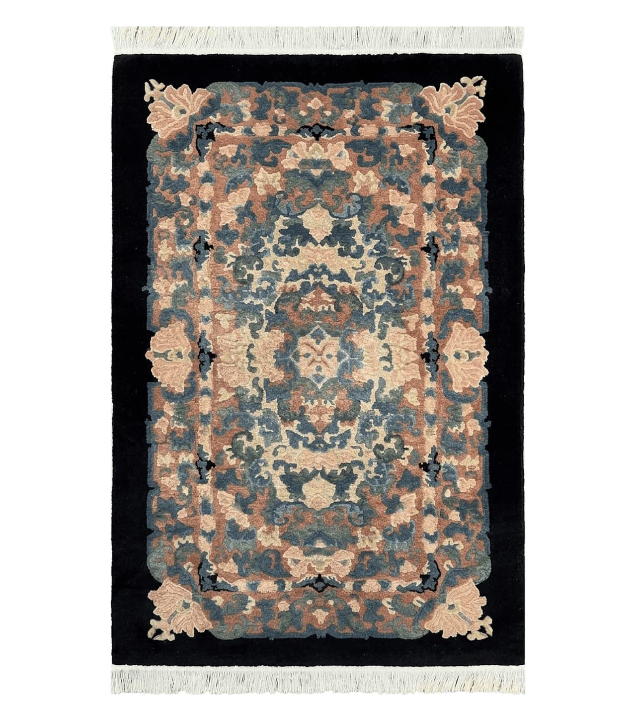 Chinese Art Deco Rug 3x5, Black and Beige Chinese Carpet 3 x 5, Vintage Rug, 1950s Rug, Floral Rug, Handmade Rug, Art Deco Rug, Wool Rug
