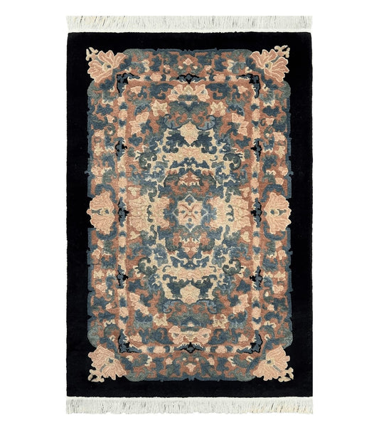 Chinese Art Deco Rug 3x5, Black and Beige Chinese Carpet 3 x 5, Vintage Rug, 1950s Rug, Floral Rug, Handmade Rug, Art Deco Rug, Wool Rug