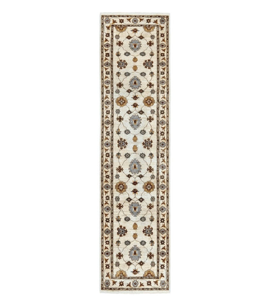 Peshawar Runner 2.7 x 10, Beige Floral Hand Knotted Vintage Wool Oriental Runner, Hallway Rug, Farmhouse Rug, Neutral Colors
