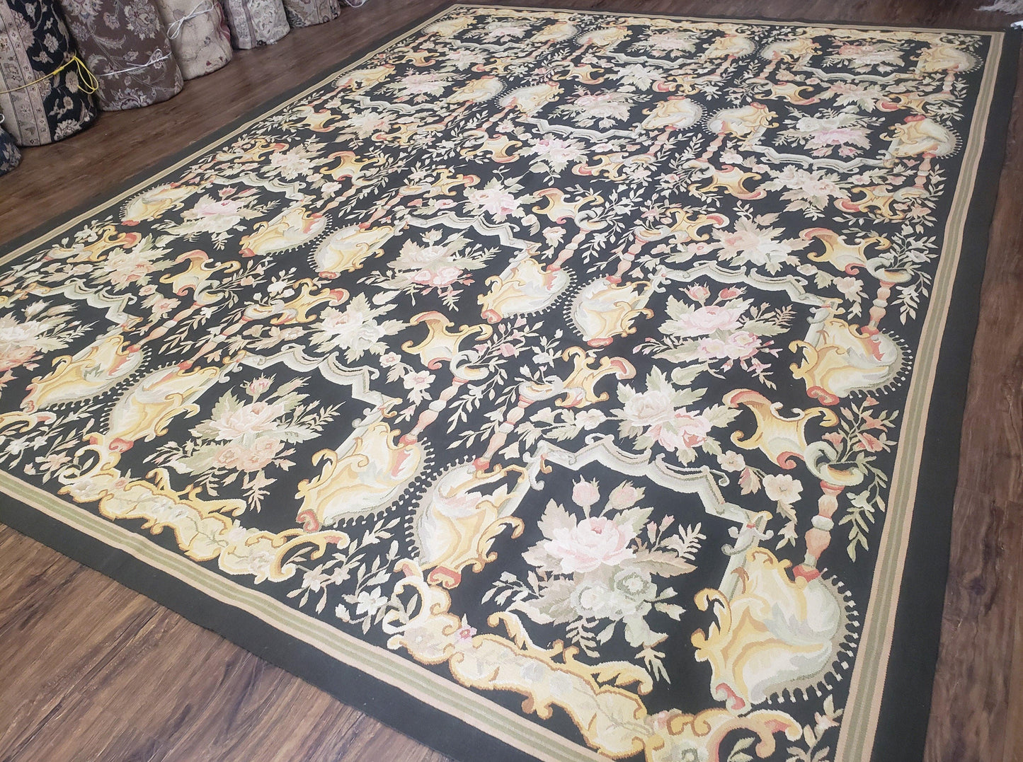Vintage Black Aubusson Area Rug 8x10, Large Flowers Chinese Aubusson Carpet 7.9 x 10, Wool Hand-Knotted Floral Pattern Flat Weave Rug Nice