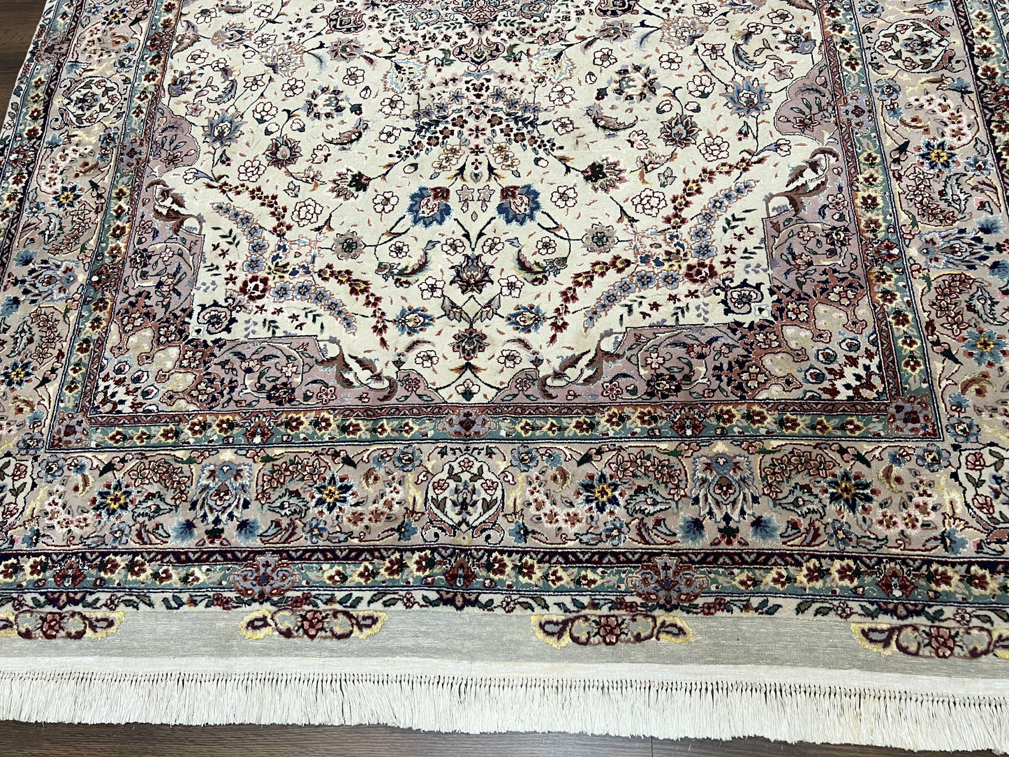 Beautiful Pak Persian Rug 6x9, Floral Medallion, Wool and Silk, Highly Detailed Elegant Carpet, Vintage Oriental Rug 6 x 9, Cream and Gray