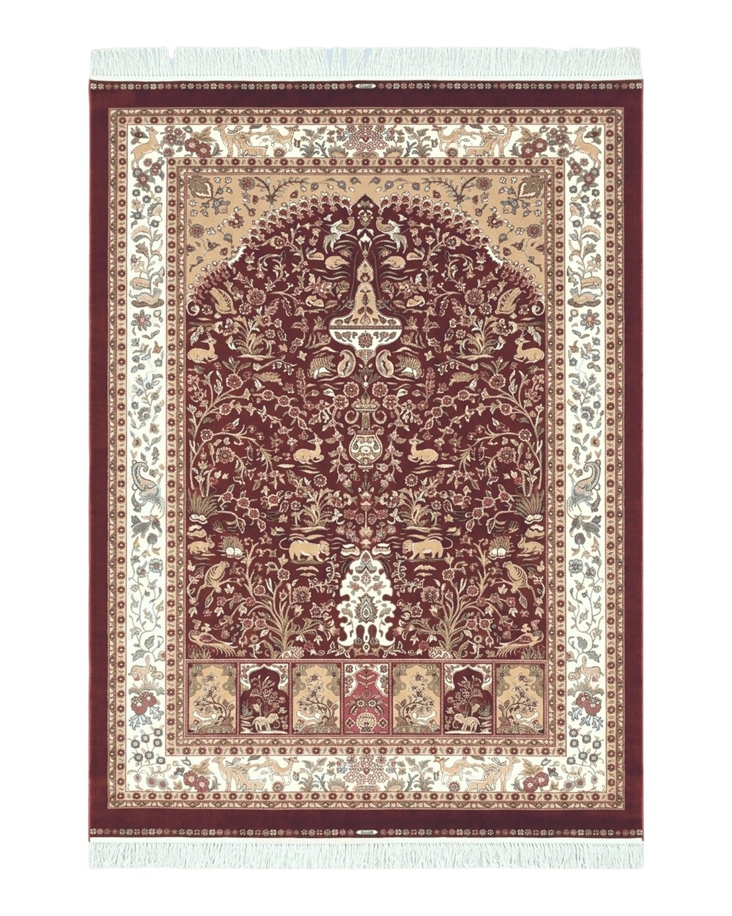 Silk Carpet 4x6 Dark Red & Cream, Tree of Life Rug, Animal Motifs, Birds Deer Rabbits, All Bamboo Silk, 4 x 6 Silk Area Rug