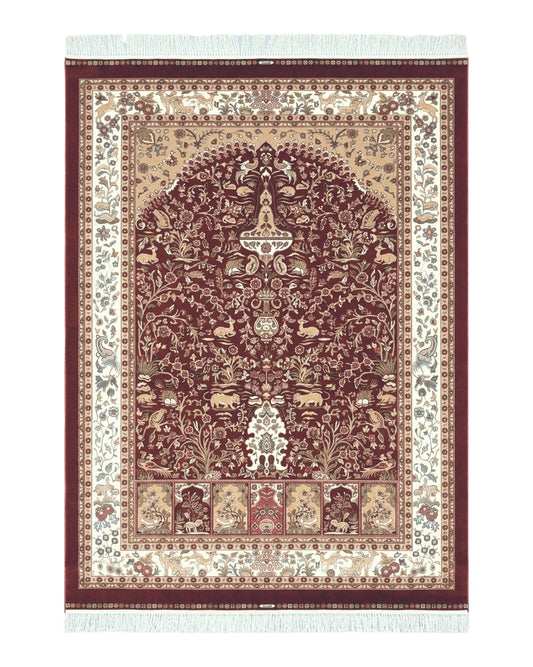 Silk Carpet 4x6 Dark Red & Cream, Tree of Life Rug, Animal Motifs, Birds Deer Rabbits, All Bamboo Silk, 4 x 6 Silk Area Rug