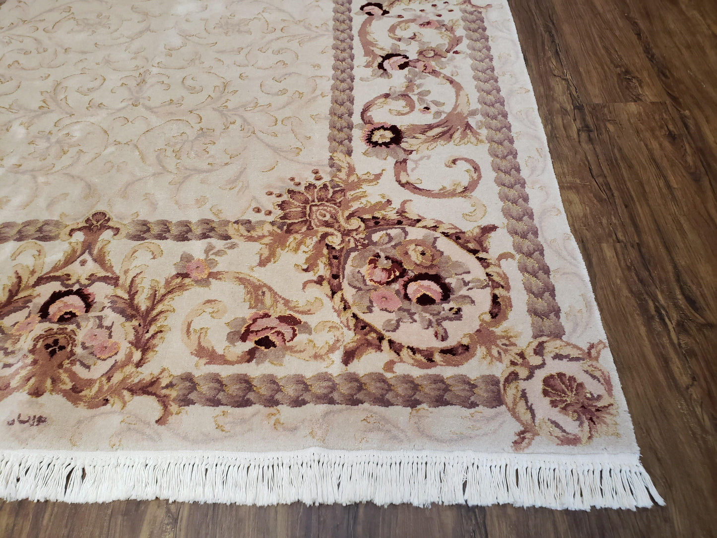 Vintage Ivory Chinese Aubusson Area Rug 6x9, Wool & Silk, Hand-Knotted 120 Line Fine Rug, European Design Carpet, 6 x 9 Master Signature Rug