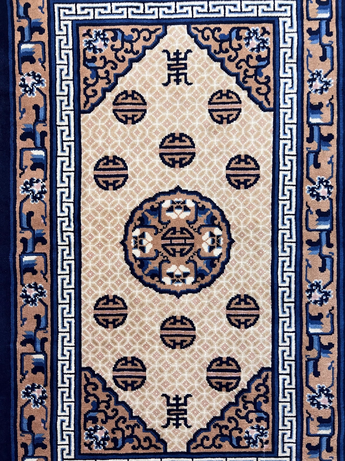 Chinese Peking Rug 3x5, Antique Chinese Art Deco Carpet, Blue Ivory Tan, Hand Knotted Wool Asian Oriental Rug 3 x 5 Vintage Small Peking Rug
