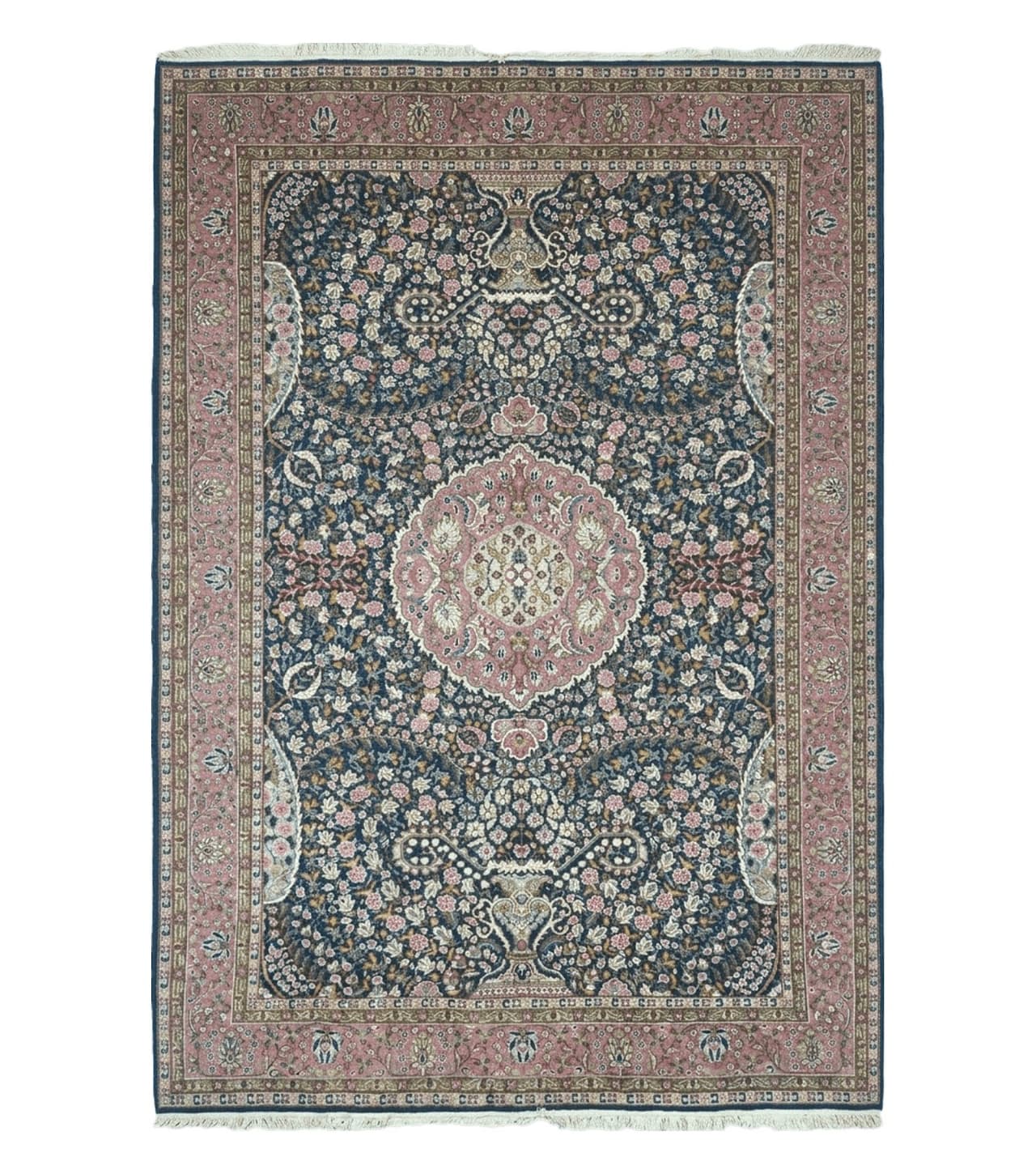 Turkish Sivas Rug 7x11, Navy Blue & Pink, Millifluer Floral Wool Carpet, Vintage