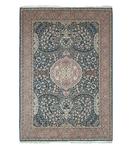 Turkish Sivas Rug 7x11, Navy Blue & Pink, Millifluer Floral Wool Carpet, Vintage