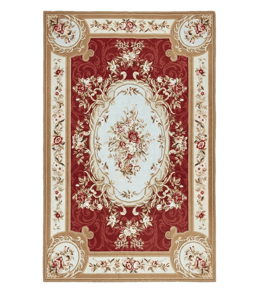 Aubusson Needlepoint Rug 5x8, Red Ivory Tan, Vintage Needlepoint Carpet 5 x 8 ft, Handmade Hand woven Wool, French European, Medium Size Rug