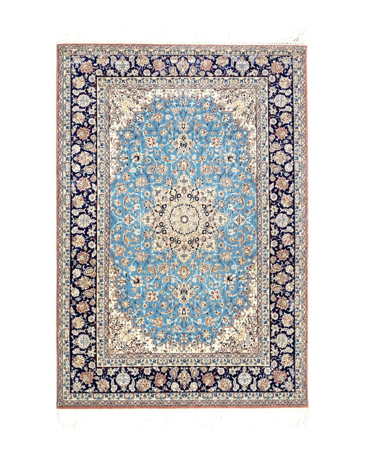 Persian Isfahan Rug, Kork Wool on Silk Foundation, Sky Blue, Hand-Knotted, 5' 1" x 7' 8"