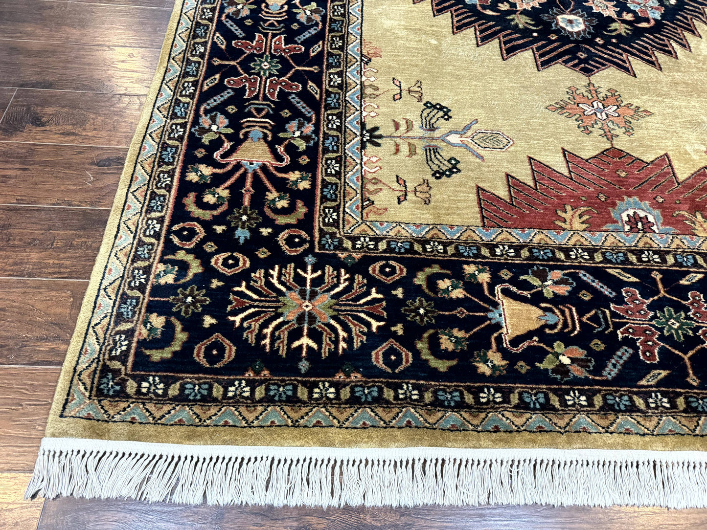 Indo Persian Heriz Rug 8x12, Camel Hair Tan and Navy Blue, Decorative
